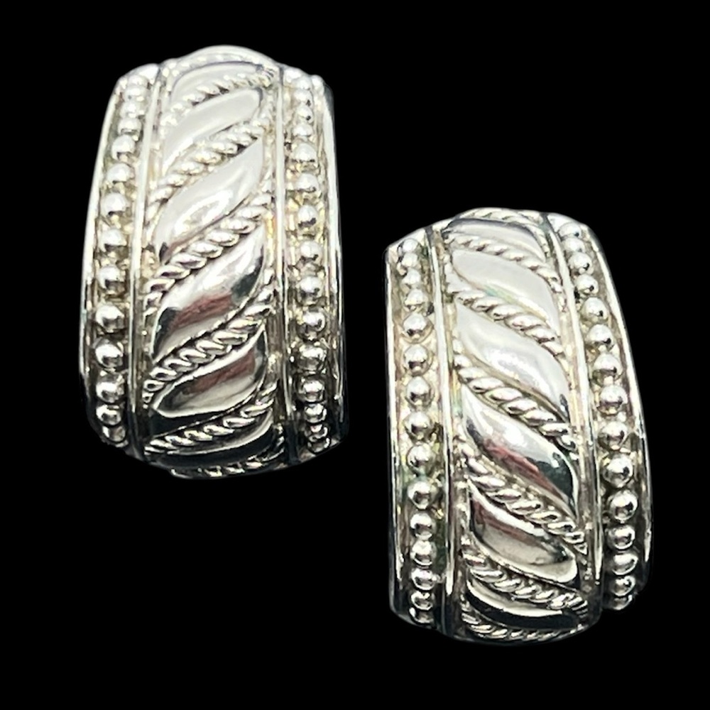 Judith Ripka Sterling Silver Earrings Chunky Wide Half Hoop Textured Vintage